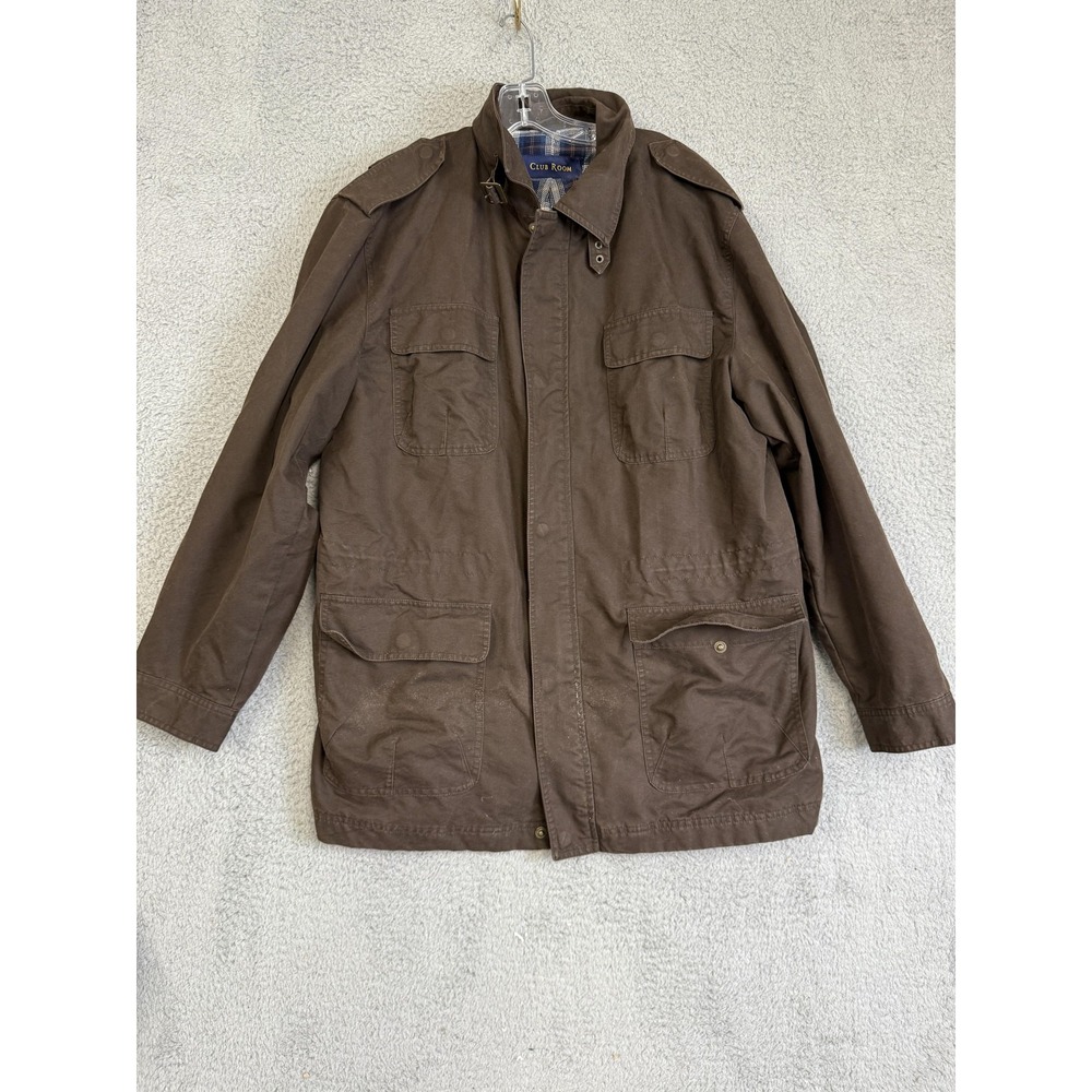 Club Room Jacket Mens Extra Large Brown Field Utility Plaid Lined‎ Epaulettes